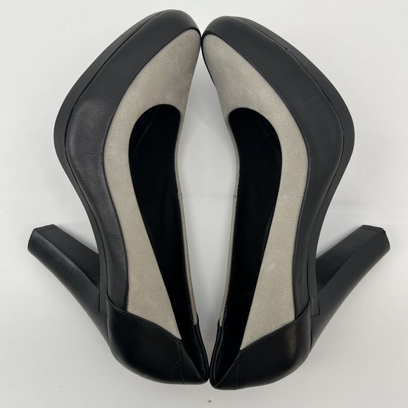 Tsubo Pumps Women's 8.5 Black Leather Gray Suede Stacked 4” Heels Buttery Soft‎ - Picture 7 of 11